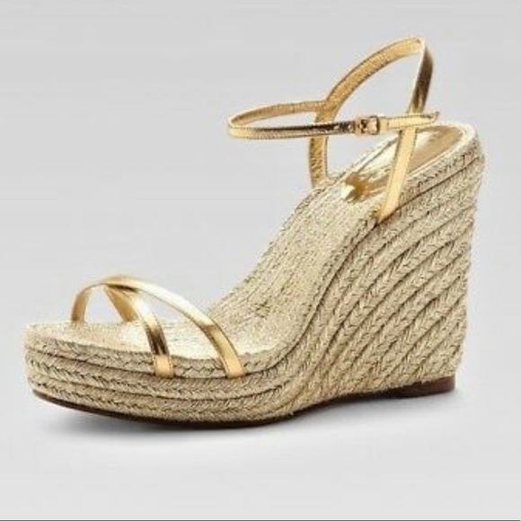 Gucci Shoes - GUCCI METALLIC LIGHT GOLD WEDGE STRAPPY SANDALS